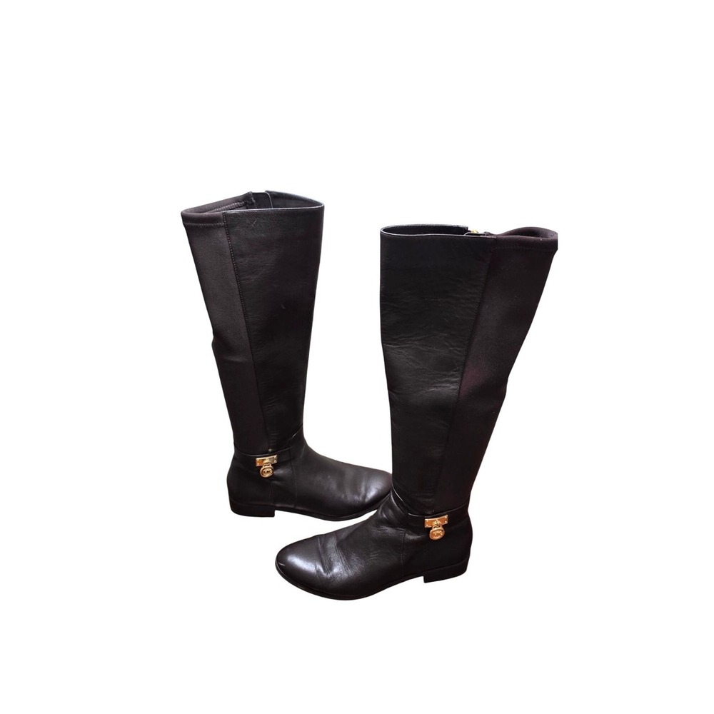 Michael Kors Brown‎ Leather Knee-High Riding Boots Gold Logo Stretch Panels 6.5M